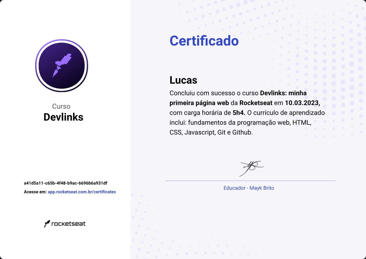 Certificado DevLinks, Rocketseat