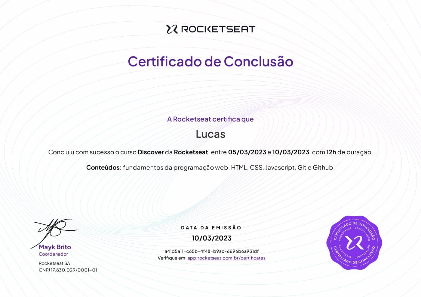 Certificado Discover, Rocketseat