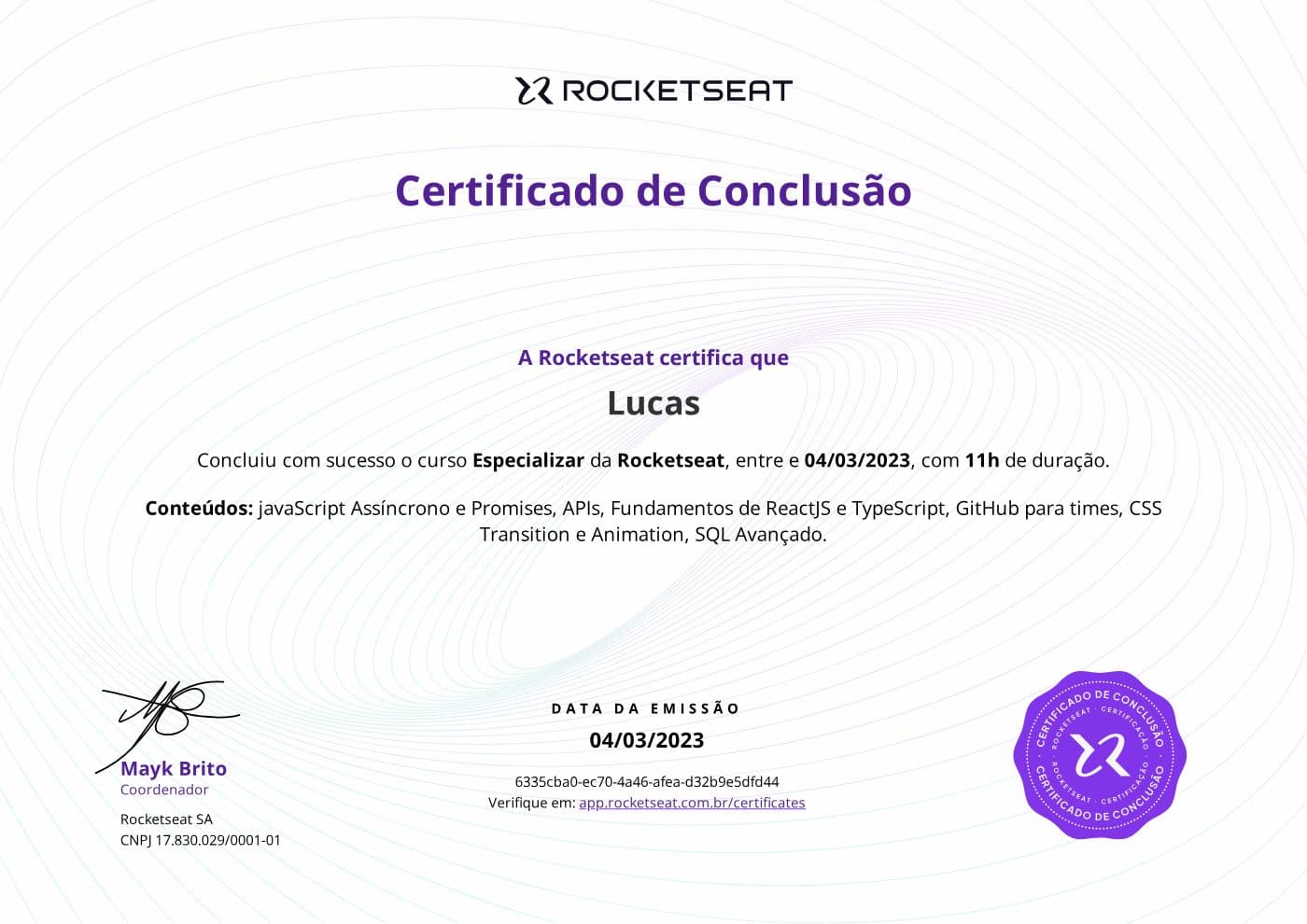 Certificado Especializar, Rocketseat