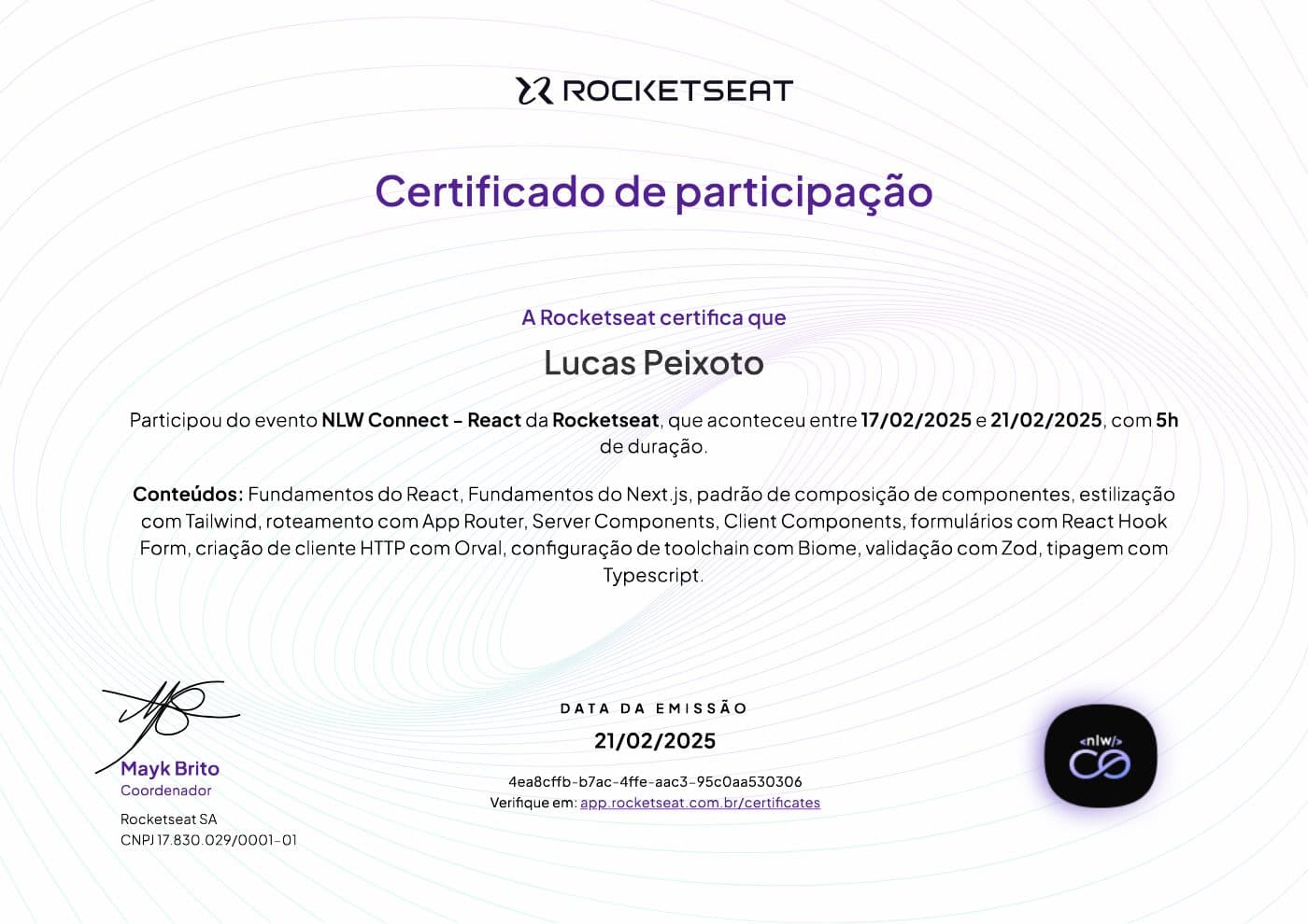 Certificado NLW Connect React, Rocketseat
