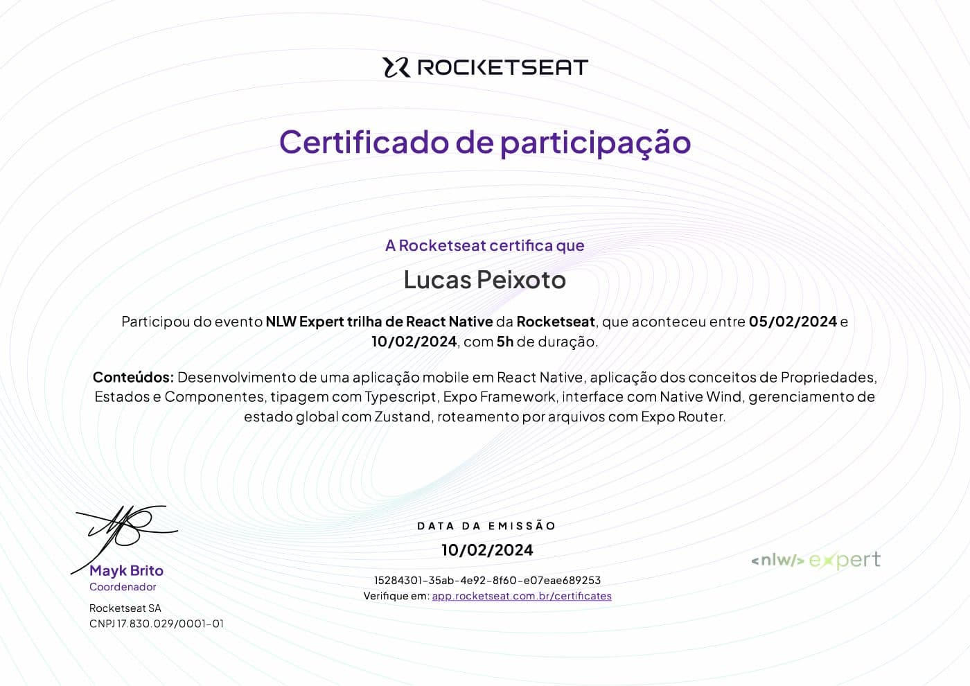Certificado NLW Expert React Native, Rocketseat