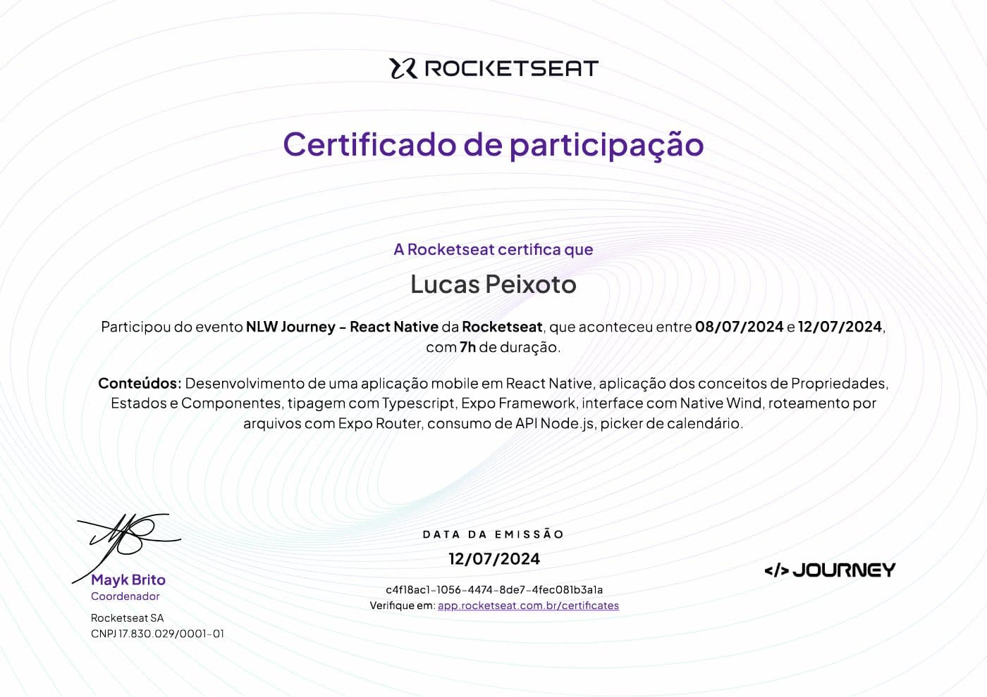 Certificado NLW Journey React Native, Rocketseat