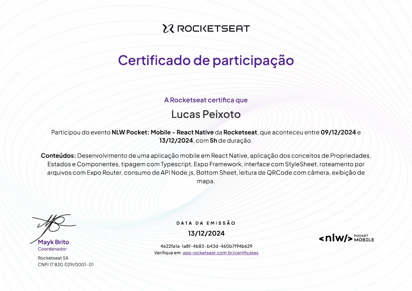 Certificado NLW Pocket React Native, Rocketseat