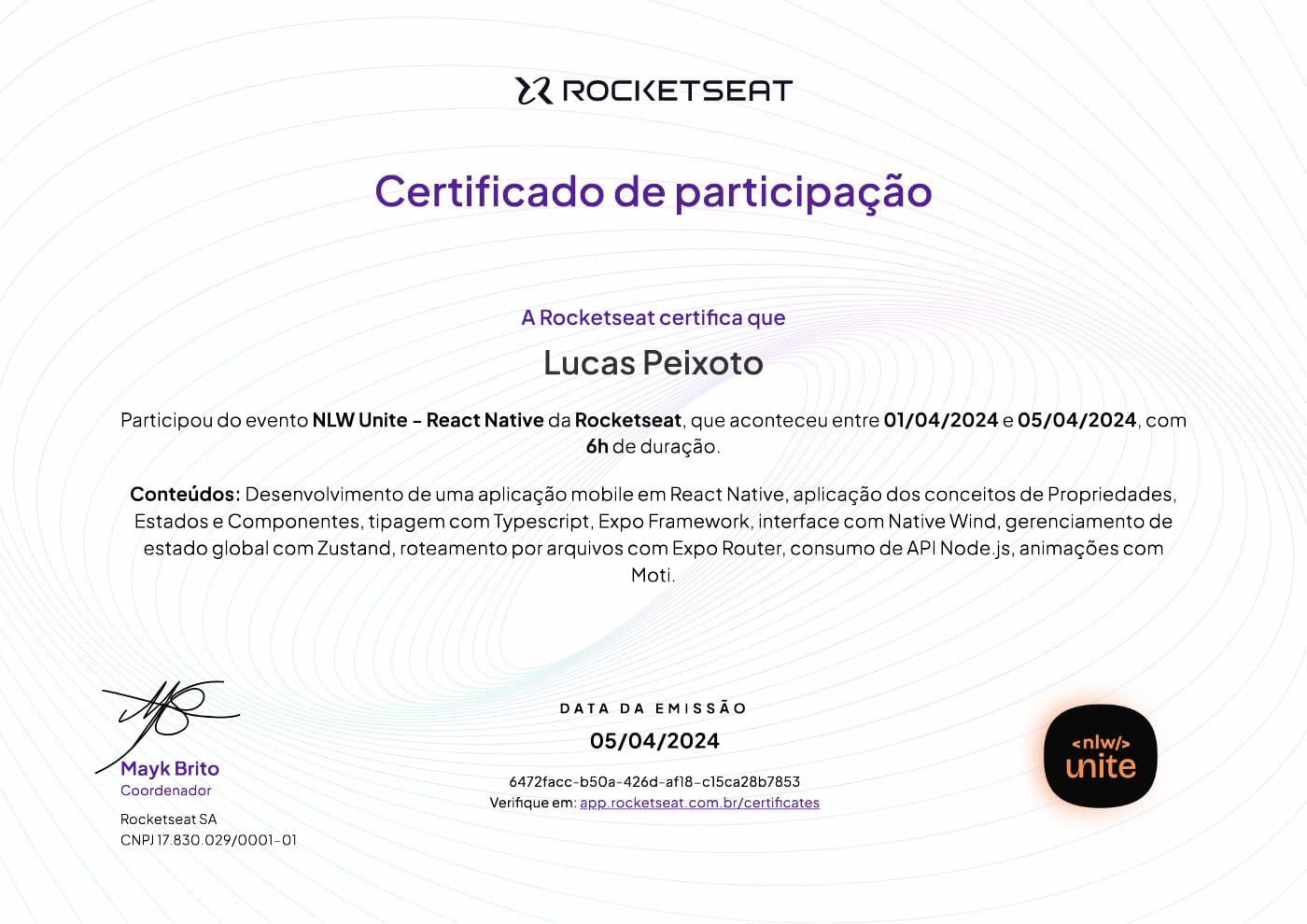 Certificado NLW Unite React Native, Rocketseat