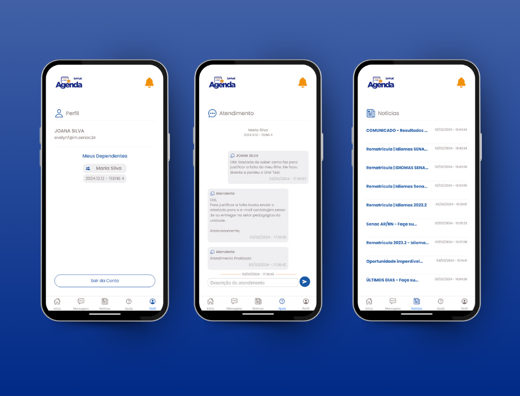 O aplicativo Agenda Senac RN tem o objetivo de fornecer um canal de comunicação entre a instituição, alunos e responsáveis de alunos ativos em cursos do Senac RN.